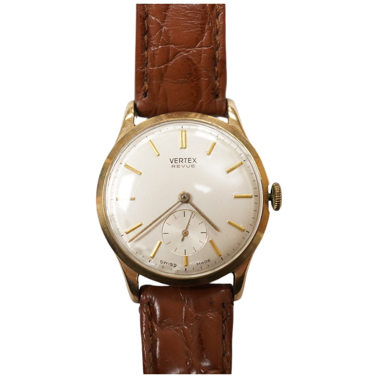 A gentleman's 9ct gold Vertex Revue manual wind wrist watch, case diameter 32mm, on a leather strap. Condition - poor to fair